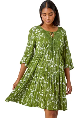 Roman Floral Print Lace Detail Smock Dress