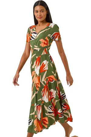 Roman Leaf Print Tiered Maxi Dress