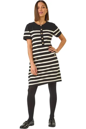 Roman Stripe Button A-Line Knit Dress