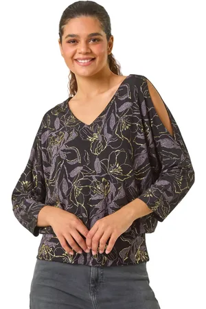 Roman Sparkle Floral Print V-Neck Banded Hem Top