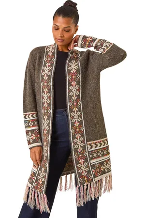 Roman Nordic Pattern Fringe Hem Cardigan