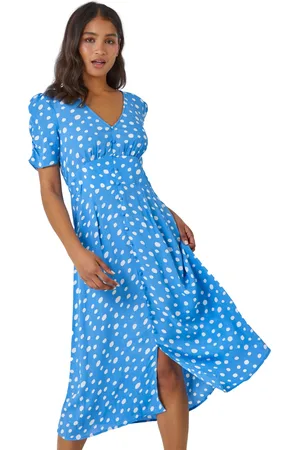 Roman Polka Dot Ruched Sleeve Midi Dress