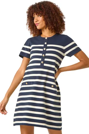 Roman Stripe Button A-Line Knit Dress