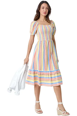 Roman Stripe Shirred Puff Sleeve Cotton Dress