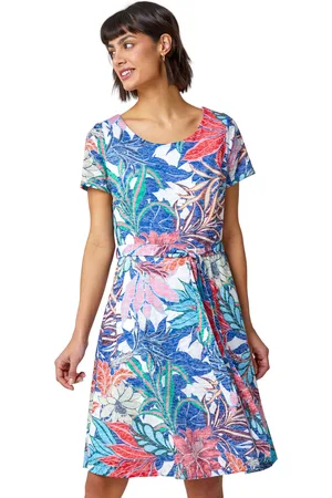 Roman Tropical Burnout Print Belted Skater Dress