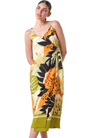 Roman Leaf Print Strappy Wrap Midi Dress