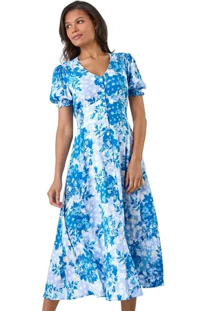 Roman Button Through Floral Shirred Midi Dress