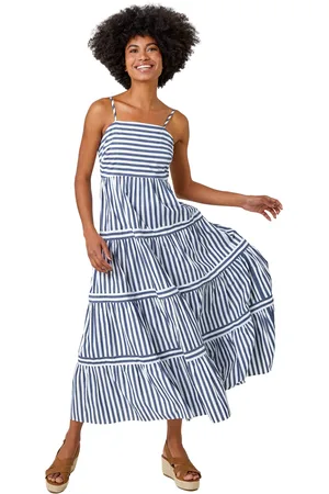 Roman Sleeveless Stripe Tiered Cotton Maxi Dress