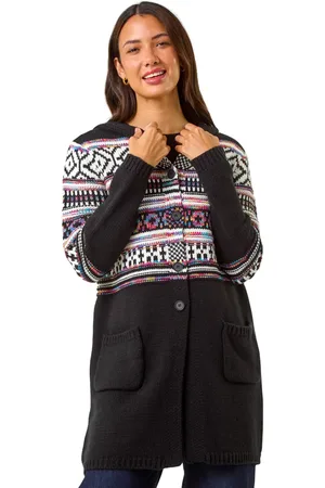 Roman Pattern Button Detail Hooded Knit Cardigan
