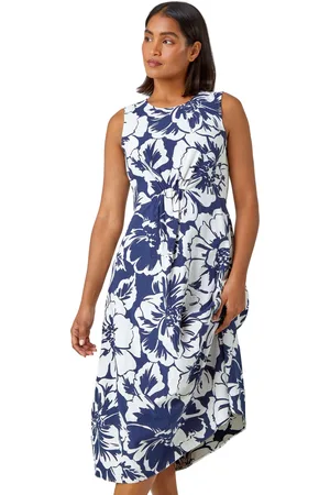 Roman Sleeveless Cotton Blend Floral Midi Dress