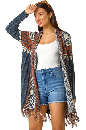 Roman Geo Patterned Longline Fringe Cardigan