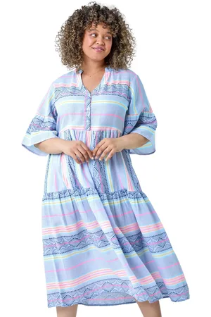 Roman Curve Stripe Print Boho Tiered Dress