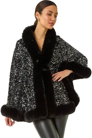 Roman Faux Fur Trim Sequin Cape
