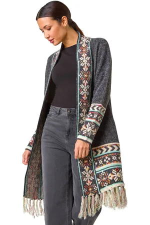 Roman Nordic Pattern Fringe Hem Cardigan