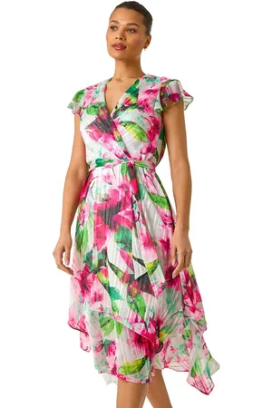 Roman Floral Ruffle Tie Waist Midi Dress