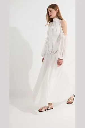 Karen Millen Tall High Neck Embellished Ruched Georgette Woven Maxi Dress