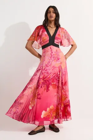 Karen Millen Pleated Floral Godet Panel Woven Midi Dress