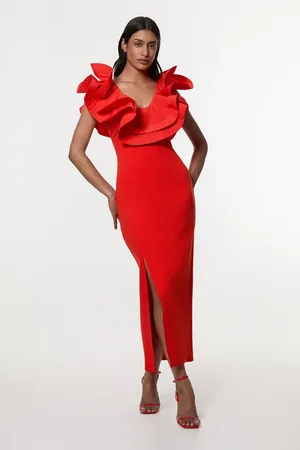 Karen Millen Ruffle Ponte And Cotton Mix Jersey Side Split Maxi Dress