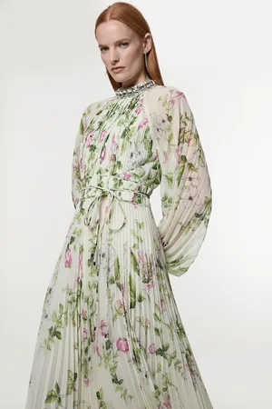 Karen Millen Floral Diamante Enamel Trim Woven Pleated Long Sleeve Maxi Dress
