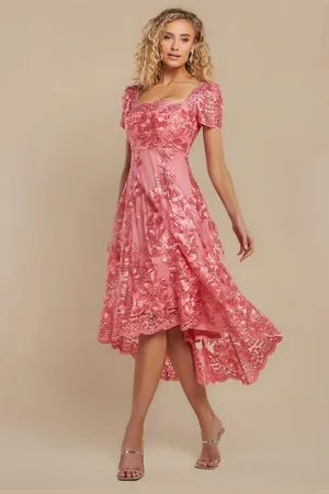 Goddiva Scalloped Neck Embroidered Lace High Low Midi Dress