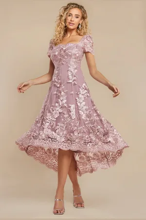 Goddiva Scalloped Neck Embroidered Lace High Low Midi Dress