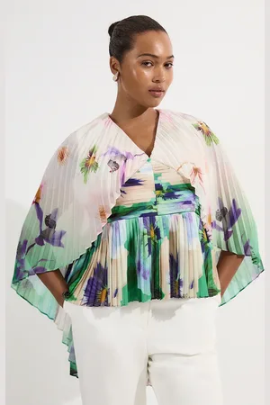 Karen Millen Plus Size Pleated Floral Cape Sleeve Plunge Neck Woven Top