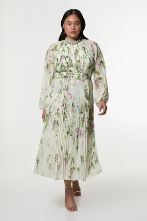 Karen Millen Plus Size Floral Diamante Enamel Trim Woven Pleated Long Sleeve Maxi Dress