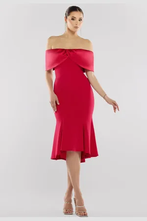 Goddiva Twist Knot Satin & Scuba Bardot High Low Midi Dress