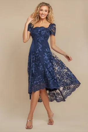 Goddiva Scalloped Neck Embroidered Lace High Low Midi Dress