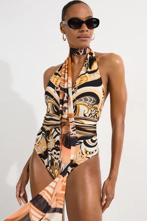 Karen Millen Scarf Print Plunge Swimsuit With Detachable Scarf