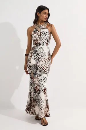 Karen Millen Petite Viscose Woven Maxi Dress With Gold Chain Neck Detail