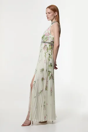 Karen Millen Floral Halter Diamante Enamel Trim Woven Pleated Split Maxi Dress