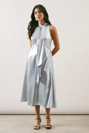 wallis Metallic Crinkle Tie Neck Halter Midi Dress