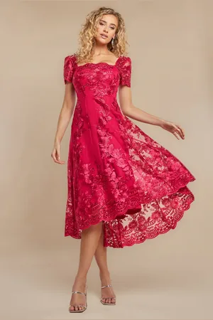 Goddiva Scalloped Neck Embroidered Lace High Low Midi Dress