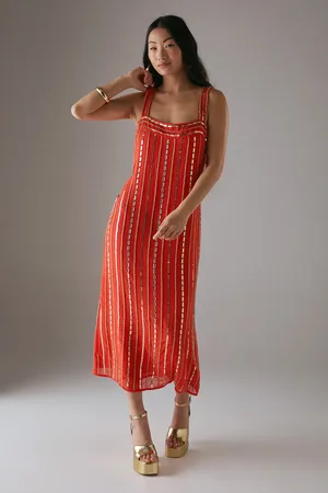 warehouse Petite Hand Embellished Square Neck Strappy Midi Dress