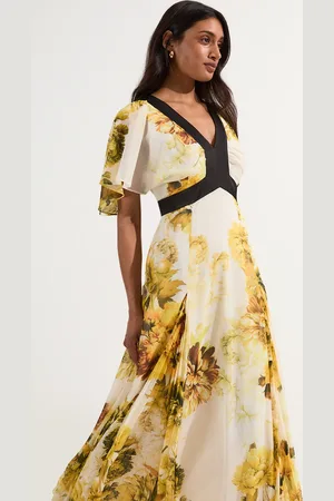 Karen Millen Pleated Floral Godet Pannell Woven Midi Dress