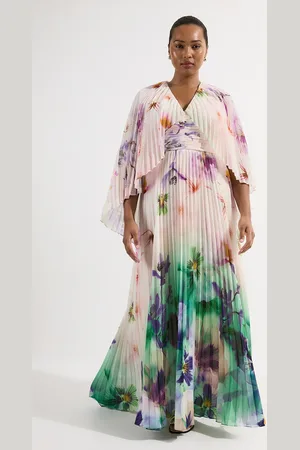 Karen Millen Plus Size Pleated Floral Cape Sleeve Plunge Neck Woven Maxi Dress