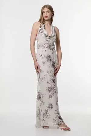 Karen Millen Tall Sheer Viscose Georgette Sketchy Deep V Woven Halter Neck Dress