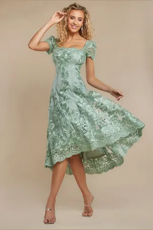 Goddiva Scalloped Neck Embroidered Lace High Low Midi Dress