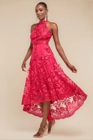 Goddiva Halter Neck Lace High And Low Dress