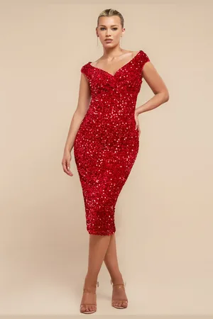 Goddiva Multi Sequin & Velvet Bardot Midi