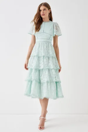 Coast Tiered Lace Dress With Flutter Sleeve & Trims