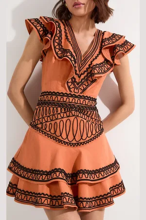 Karen Millen Embroidered Cotton Linen Woven Plunge Mini Dress