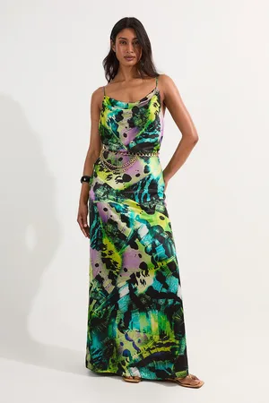 Karen Millen Butterfly Viscose Satin Cowl Detail Belted Maxi Dress