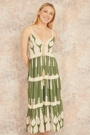 Yumi Viscose Paisley Print Lace Trim Midi Sun Dress