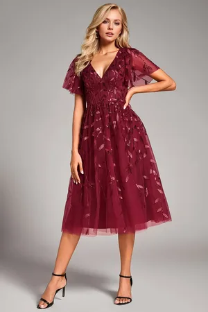 Ever Pretty Embroidered Ruffle Sleeves Floral Sequin Midi Guest Dresses