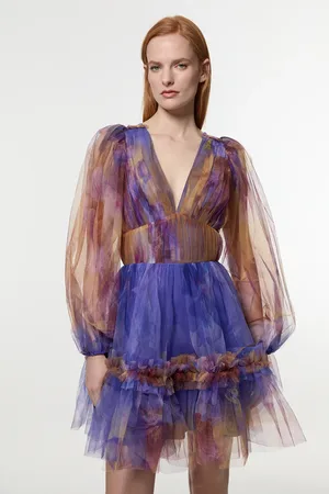 Karen Millen Floral Tulle Plunge Long Sleeve Woven Mini Dress