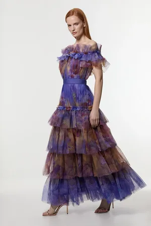 Karen Millen Floral Print Tulle Layered Off The Shoulder Maxi Dress