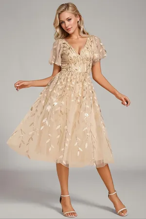 Ever Pretty Embroidered Ruffle Sleeves Floral Sequin Midi Guest Dresses