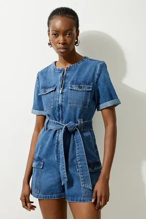 Karen Millen Denim Cargo Pocket Belted Playsuit